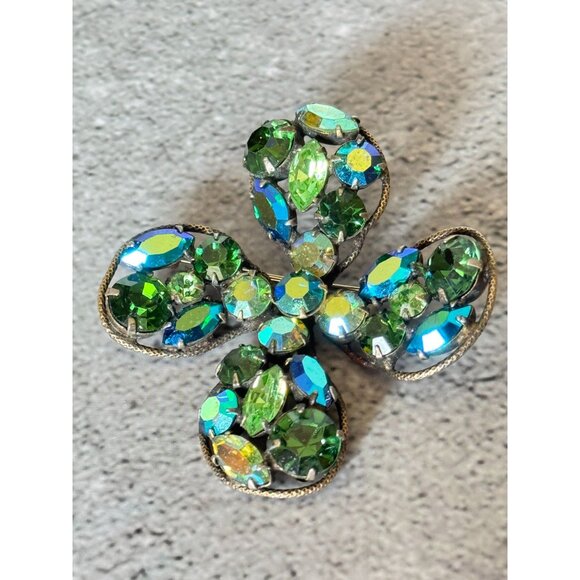 Vintage Regency Designer Signed Rhinestone Clover Brooch Green & Blue 2" Pin - Picture 3 of 6